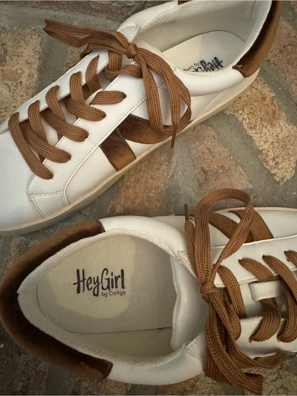 Hey Girl White Sneakers with Brown Suede Accents and Laces Size 10